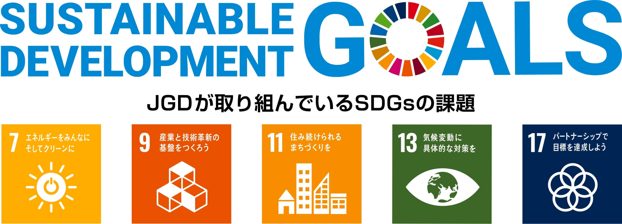 SUSTAINABLE DEVELOPMENT GOALSJGDが取り組んでいるSDGsの課題7 エネルギーをみんなにそしてクリーンに9 産業と技術革新の基盤をつくろう11 住み続けられるまちづくりを13 気候変動に具体的な対策を17 パートナーシップで目標を達成しよう